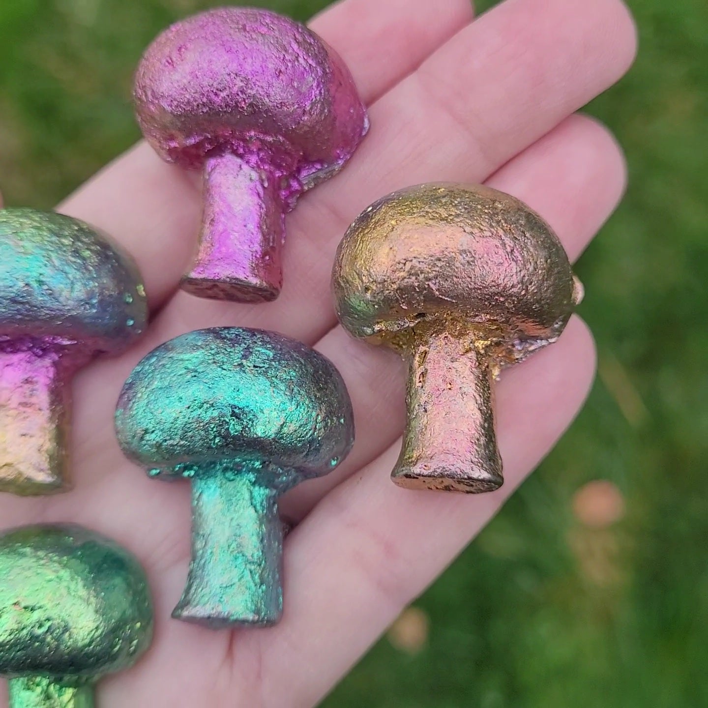 Bismuth Mushrooms in pink, blue, green, gold, and rainbow