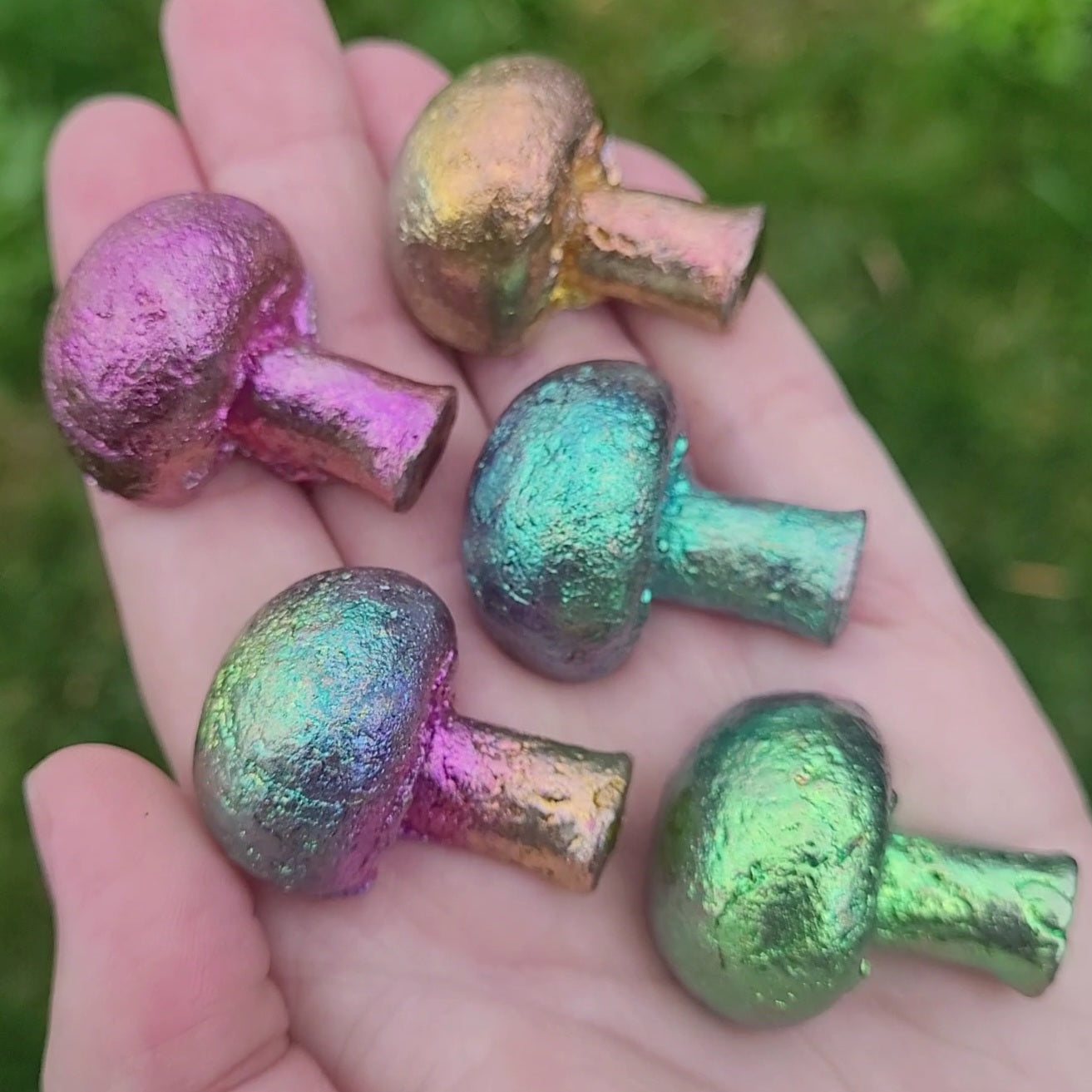 Bismuth Mushrooms in pink, blue, green, gold, and rainbow