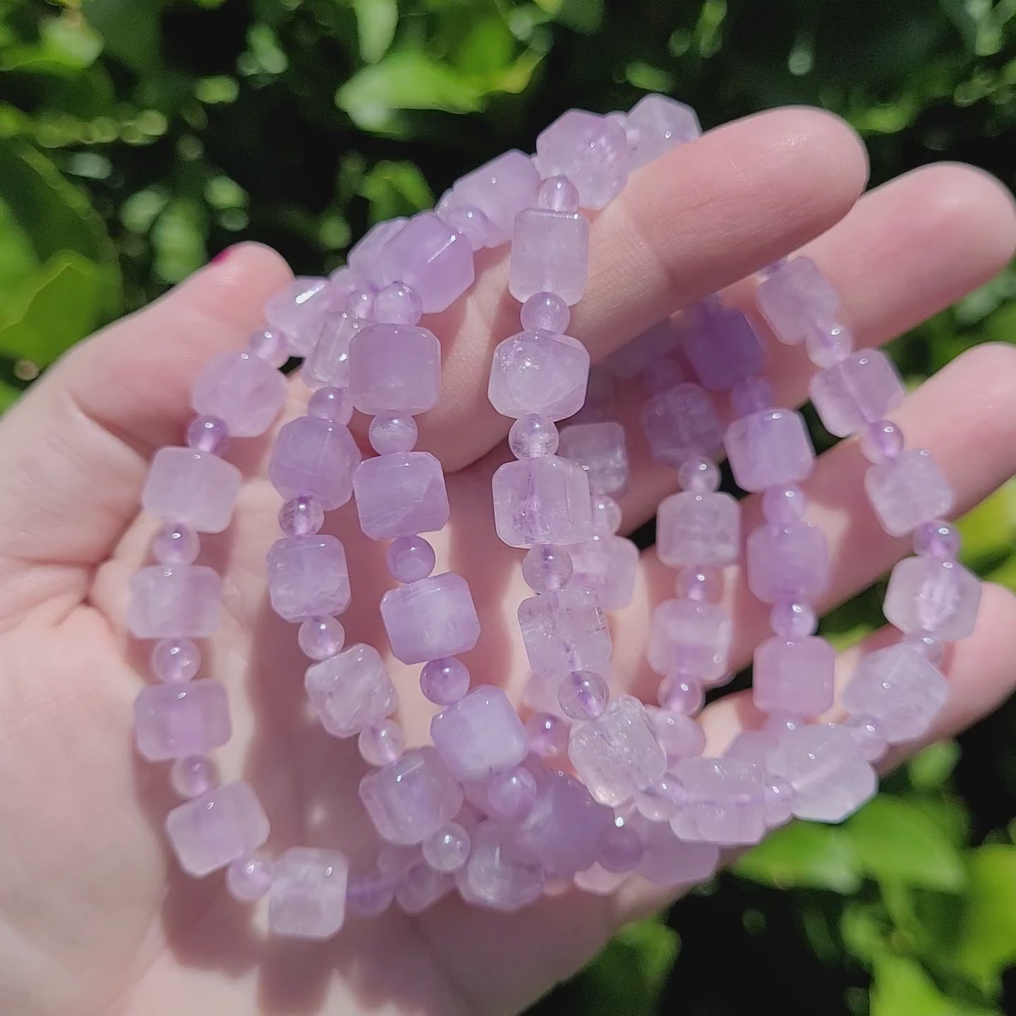 Video of Purple Lavendar Amethyst Square and Round Crystal Beaded Stretch Bracelet, 8mm