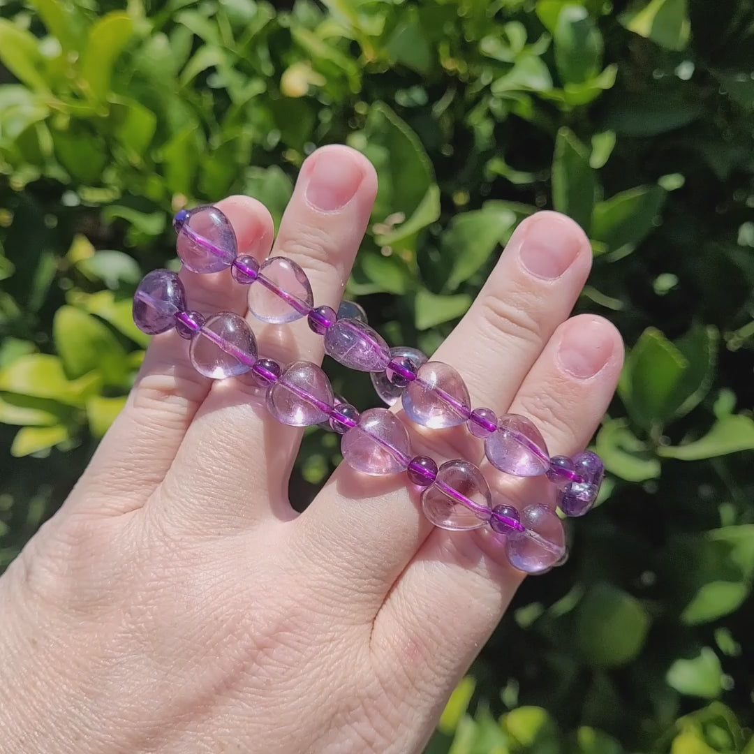 Amethyst Heart and Round Crystal Beaded Stretch Bracelet, 12.5mm and 5mm