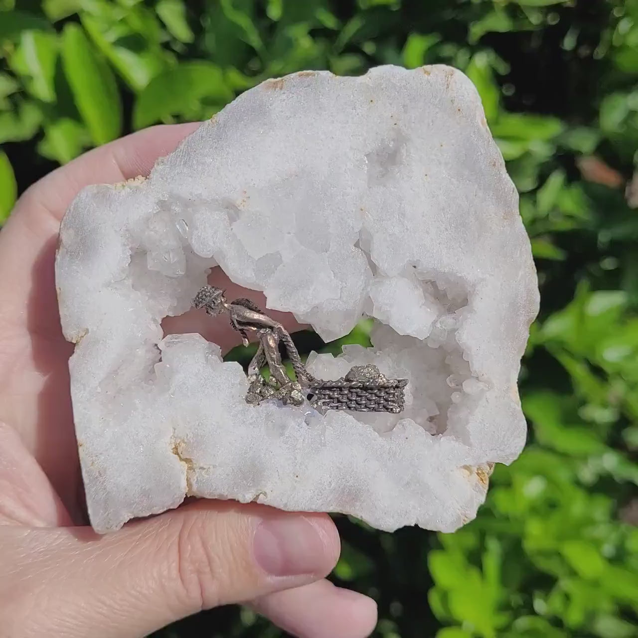 White Quartz Geode Slice with Pyrite Miner