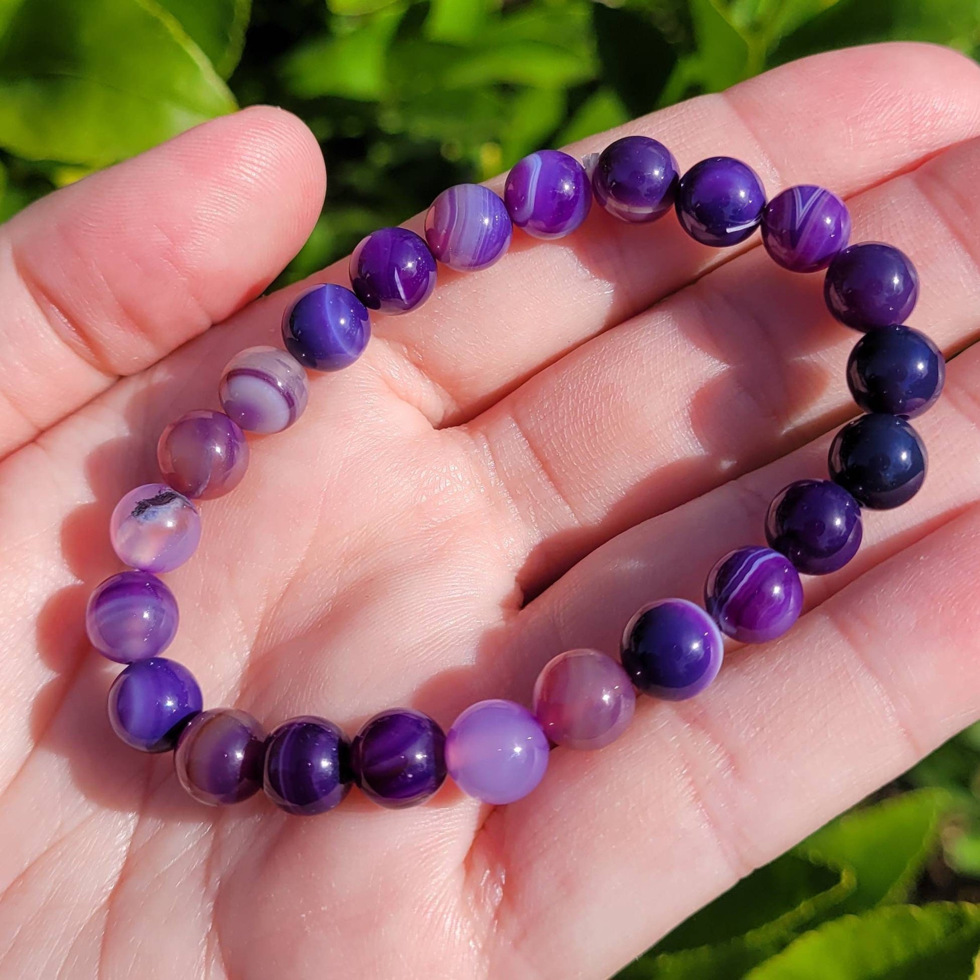 Purple Agate Round Crystal Beaded Stretch Bracelet 