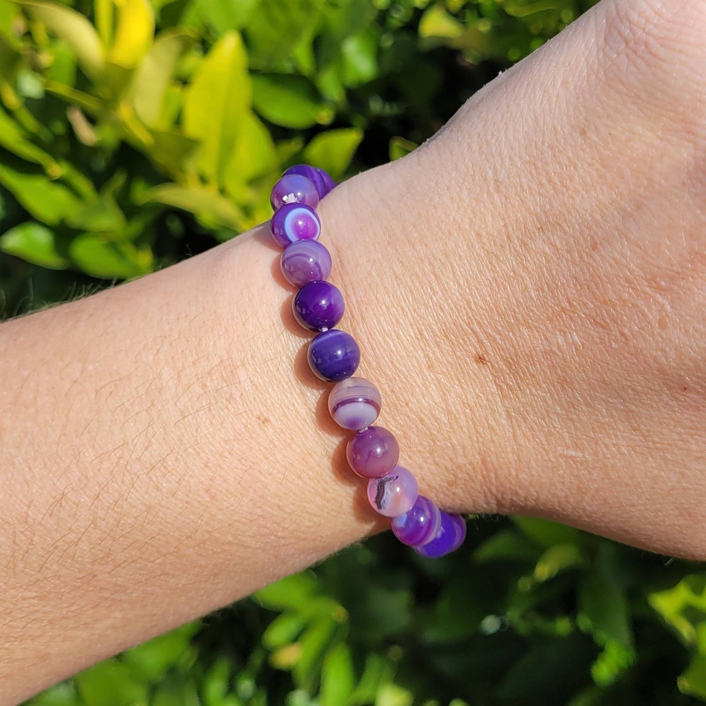 Purple Agate Round Crystal Beaded Stretch Bracelet 