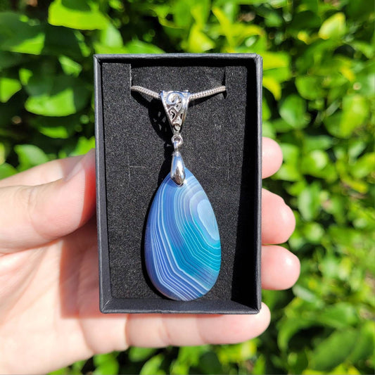 Blue Banded Agate Teardrop Necklace, on Silver Snake Chain