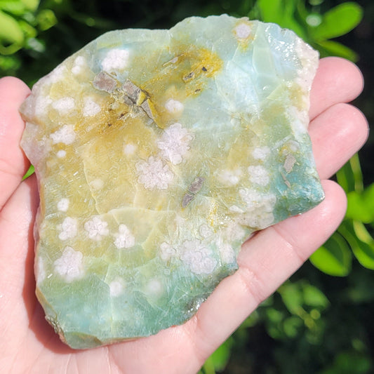 Green and Blue Flower Agate Crystal Slab, Two Sided with Raw Edge, 107g, 4.5"
